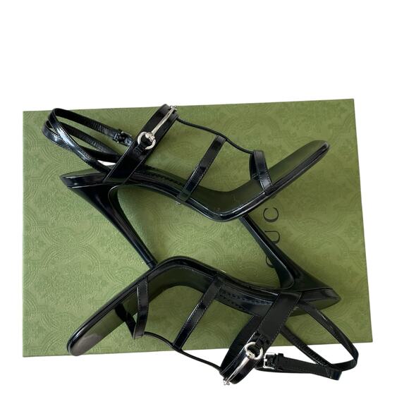 GUCCI Women's Horsebit Caged T Strap High Heel Sandals Black Silver 37.5 US 7.5 - Picture 4 of 16